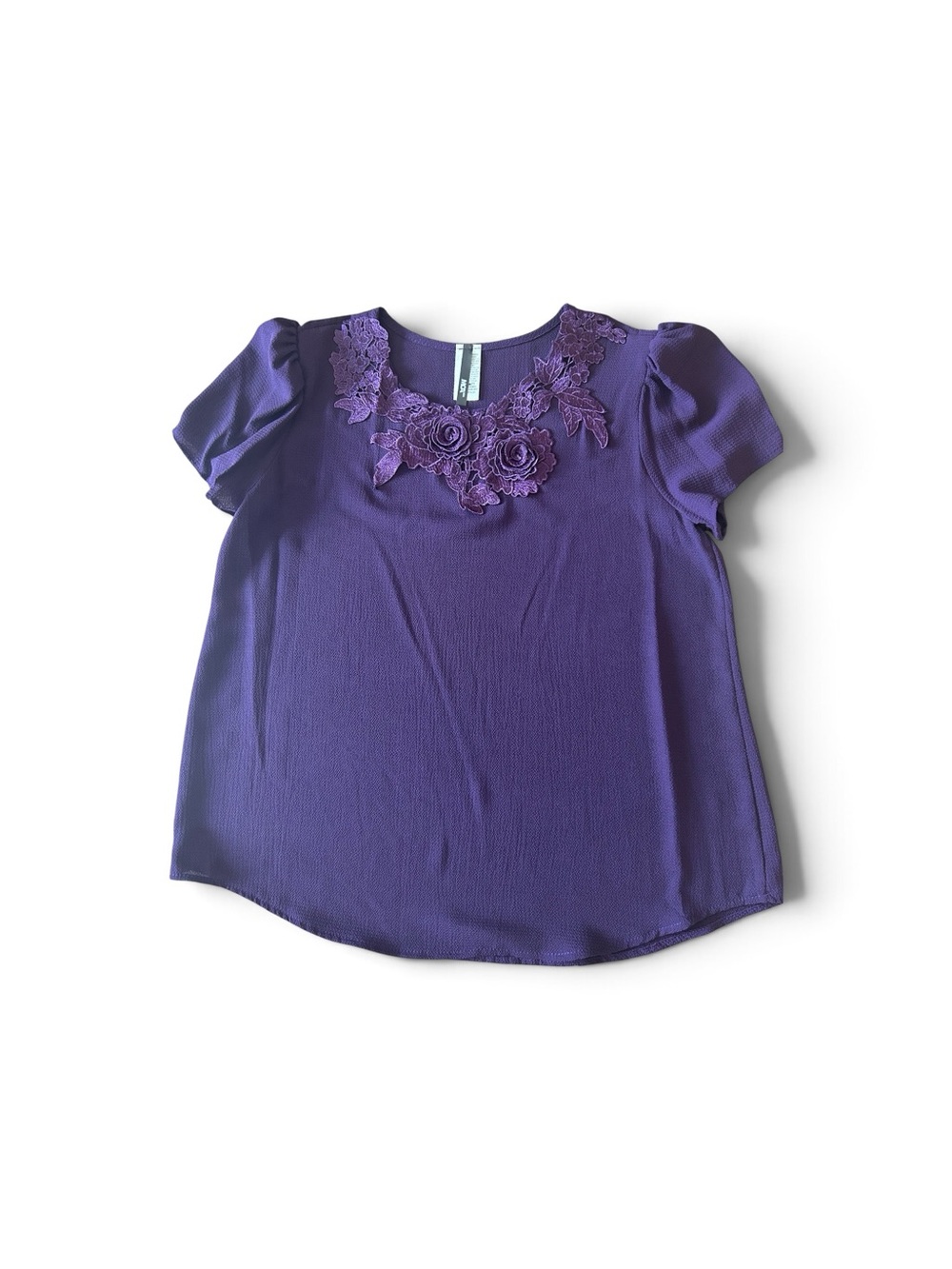 Purple Floral Lace Applique Short Sleeve Blouse S